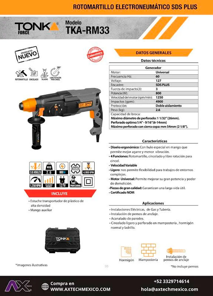 TKA-RM33 ROTOMARTILLO ELECTRONEUMÁTICO SDS PLUS TONKA FORCE 3J 800W - Imagen 2
