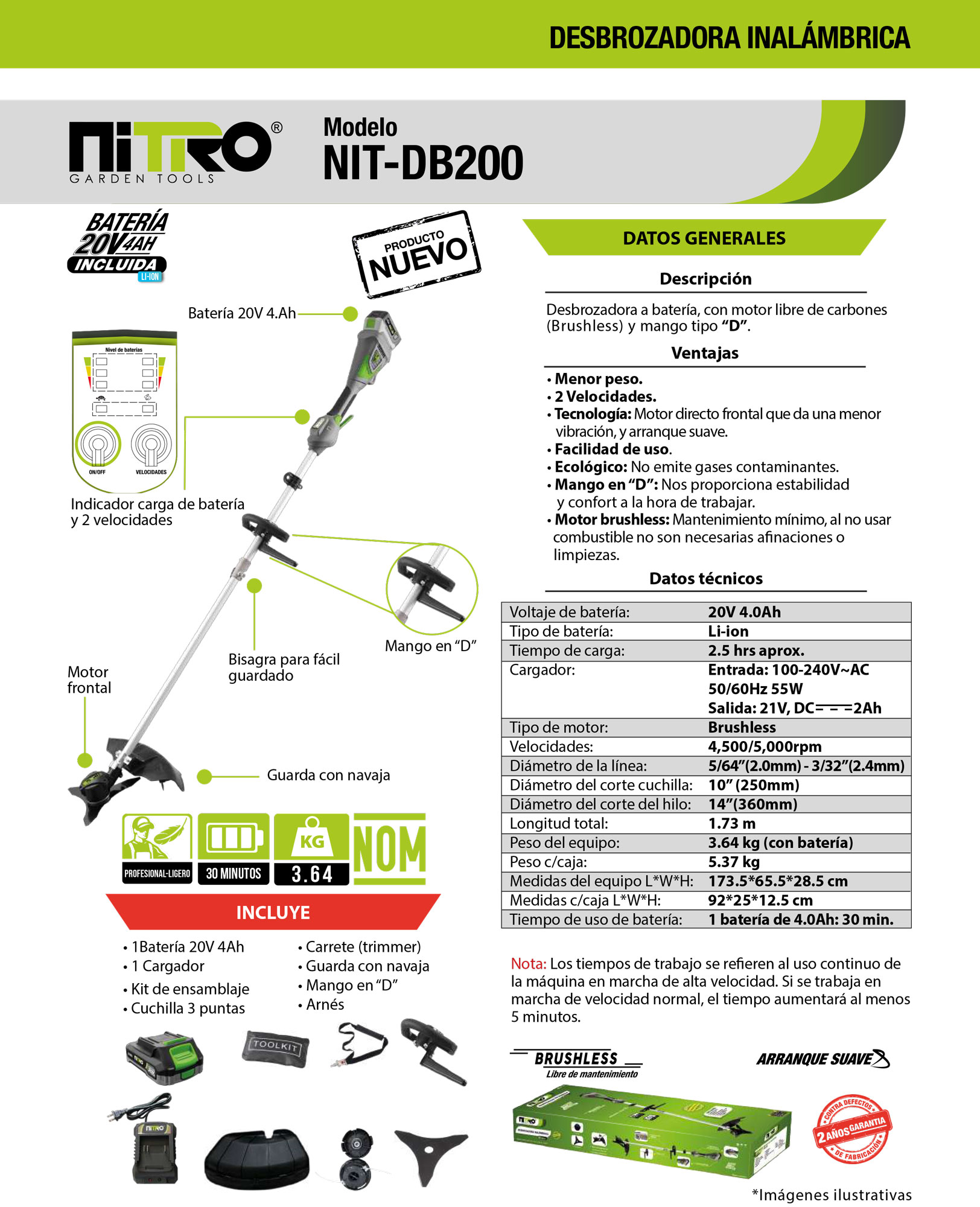 NIT-DB200 DESBROZADORA A 1 BATERÍA 20V 4.0Ah - Imagen 2