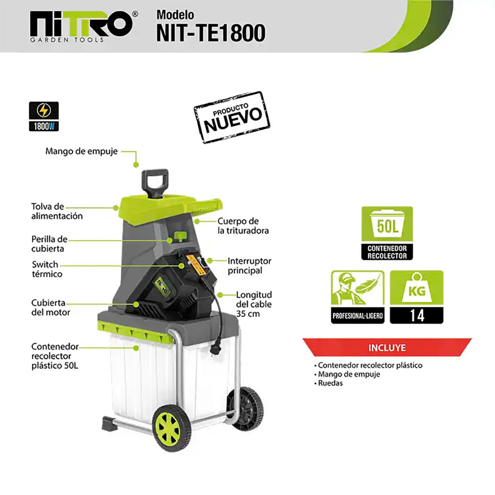 NIT-TE1800 TRITURADORA CHIPEADORA ELECTRICA 15A 1,800W CON CAJA RECOLECTORA - Imagen 4